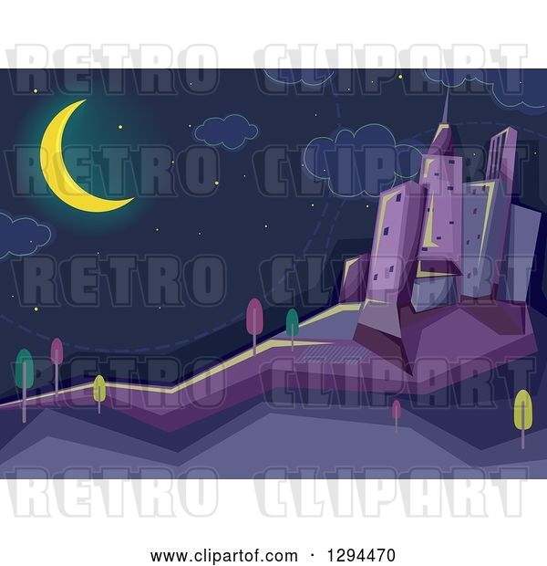 Vector Clip Art of Retro Crescent Moon Shining over a Dark City at Night