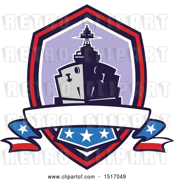 Vector Clip Art of Retro Crest with a Battleship with Stars and Stripes Flags