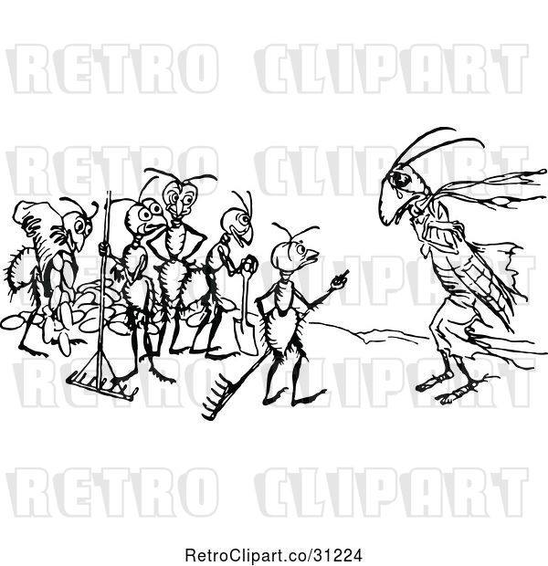 Vector Clip Art of Retro Cricket and Worker Ants