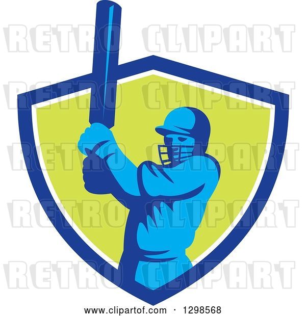 Vector Clip Art of Retro Cricket Batsman Emerging from a Blue White and Green Shield