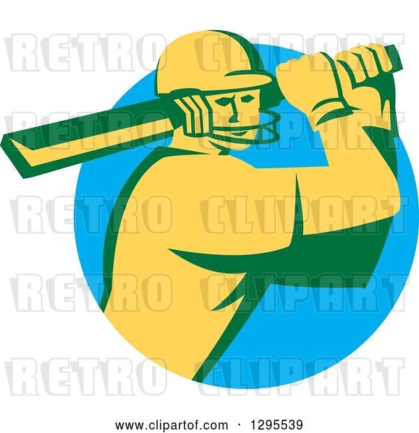 Vector Clip Art of Retro Cricket Batsman Player Emerging from a Blue Circle