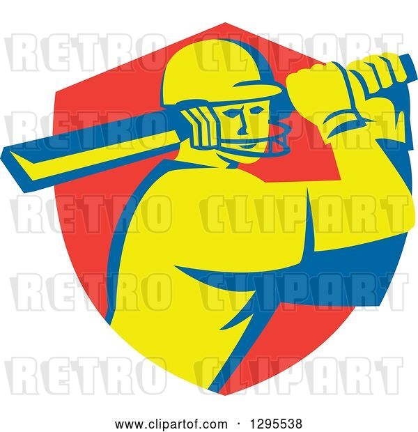 Vector Clip Art of Retro Cricket Batsman Player Emerging from a Red Shield