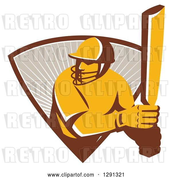 Vector Clip Art of Retro Cricket Batsman Player Emerging from a Triangle of Rays