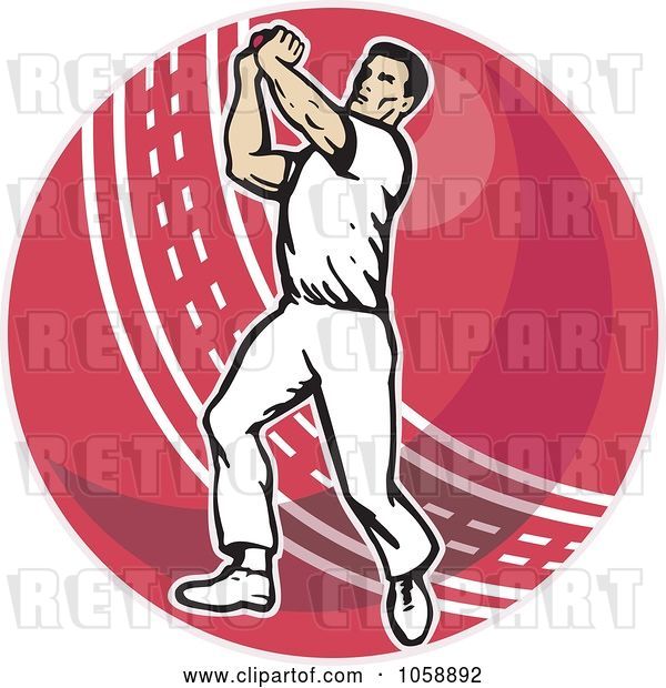 Vector Clip Art of Retro Cricket Bowler over a Red Ball