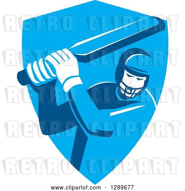 Vector Clip Art of Retro Cricket Player Batsman in a Blue Shield