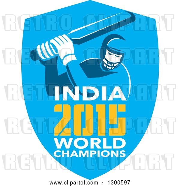 Vector Clip Art of Retro Cricket Player Batsman in a Blue Shield with India 2015 World Champions Text