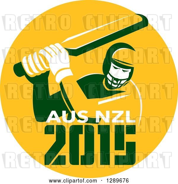 Vector Clip Art of Retro Cricket Player Batsman in a Yellow Circle with 2015 Australia New Zealand Text
