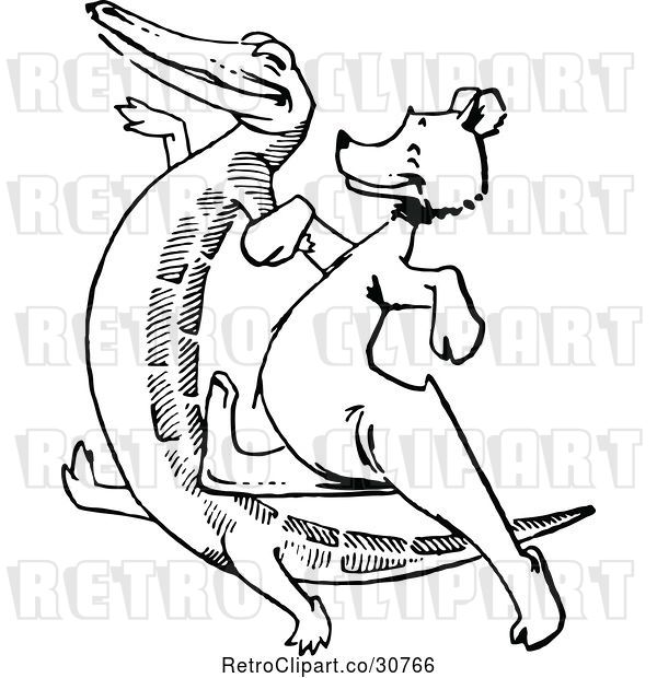 Vector Clip Art of Retro Crocodile Dancing with a Bear