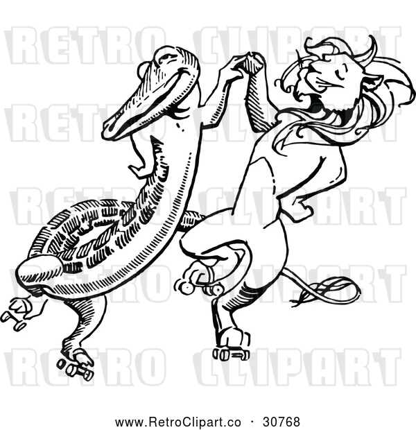 Vector Clip Art of Retro Crocodile Dancing with a Lion