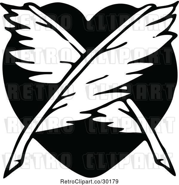 Vector Clip Art of Retro Crossed Feathers and Heart