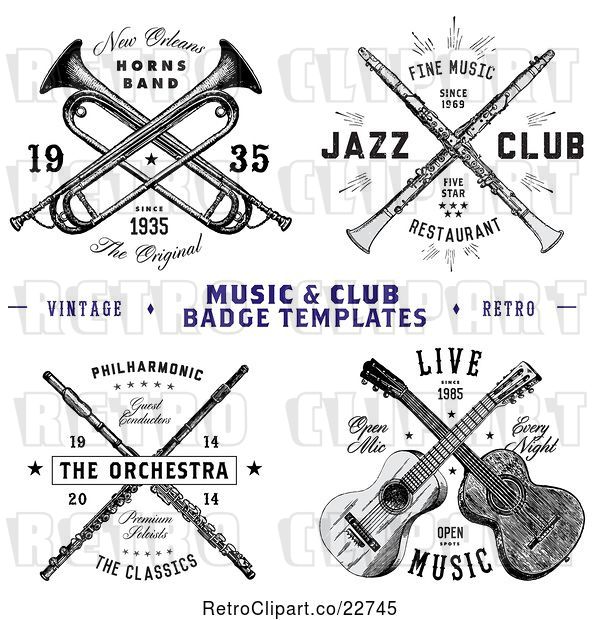 Vector Clip Art of Retro Crossed Musical Instrument Designs with Sample Text