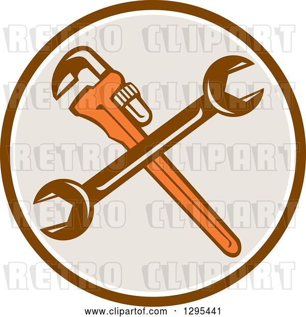 Vector Clip Art of Retro Crossed Plumber Monkey Wrench and Spanner Wrench in a Brown White and Taupe Circle