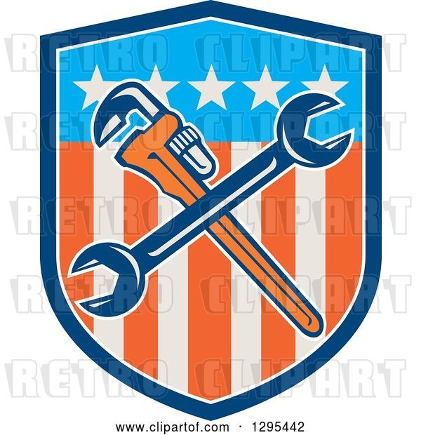 Vector Clip Art of Retro Crossed Plumber Monkey Wrench and Spanner Wrench in an American Shield