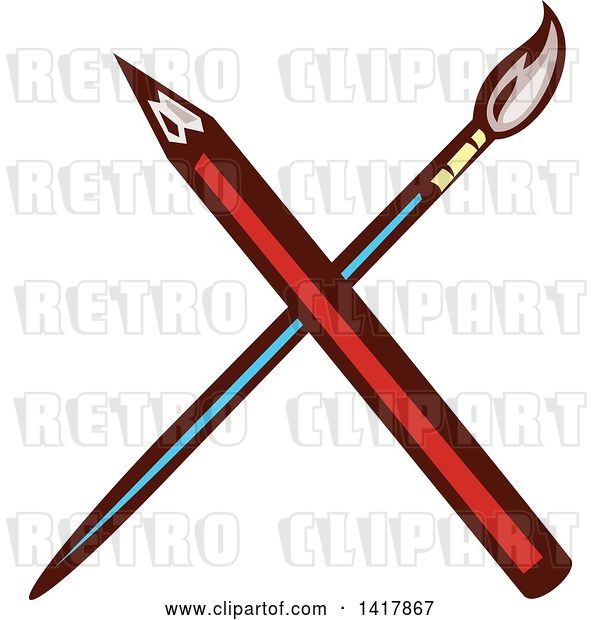 Vector Clip Art of Retro Crossed Red Pencil and Paintbrush