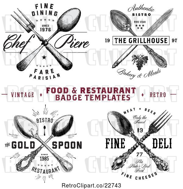 Vector Clip Art of Retro Crossed Silverware Restaurant Designs with Sample Text
