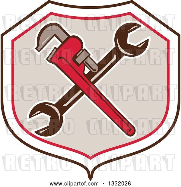 Vector Clip Art of Retro Crossed Spanner and Monkey Wrenches in a Black White Red and Tan Shield