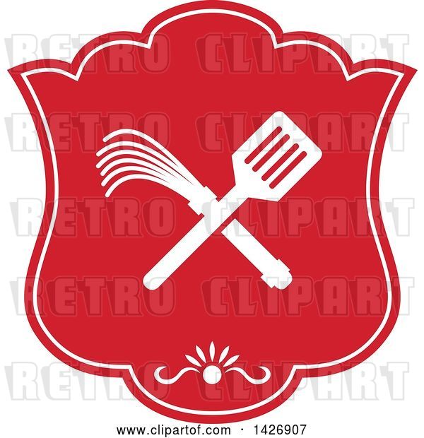 Vector Clip Art of Retro Crossed Spatula and Flogger Whip in a White and Red Shield