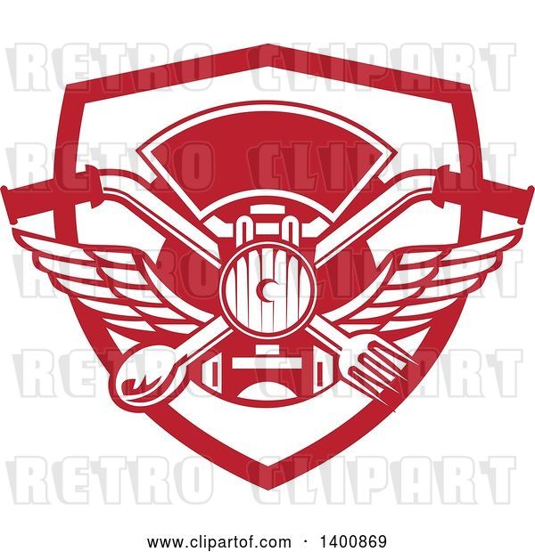 Vector Clip Art of Retro Crossed Spoon and Fork over Motorcycle Handlebars and Headlamp in a Red and White Shield