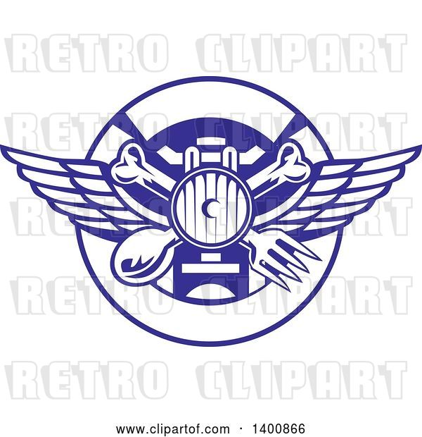 Vector Clip Art of Retro Crossed Spoon, Fork and Bone with Wings over a Headlamp in a Blue and White Plate Circle