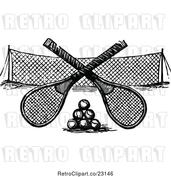 Vector Clip Art of Retro Crossed Tennis Rackets over Balls and a Net