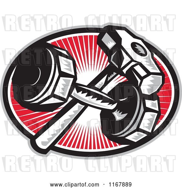 Vector Clip Art of Retro Crossed Woodcut Sledgehammer and Dumbbell over a Red Ray Oval