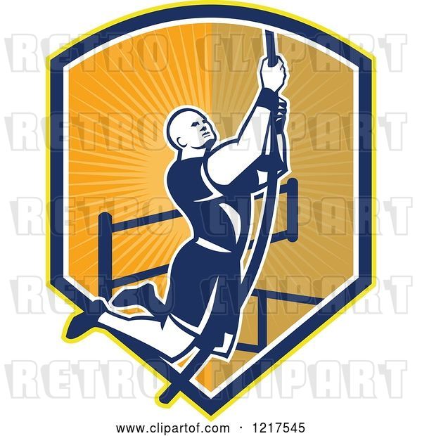 Vector Clip Art of Retro Crossfit Athlete Climbing a Rope over a Shield of Rays