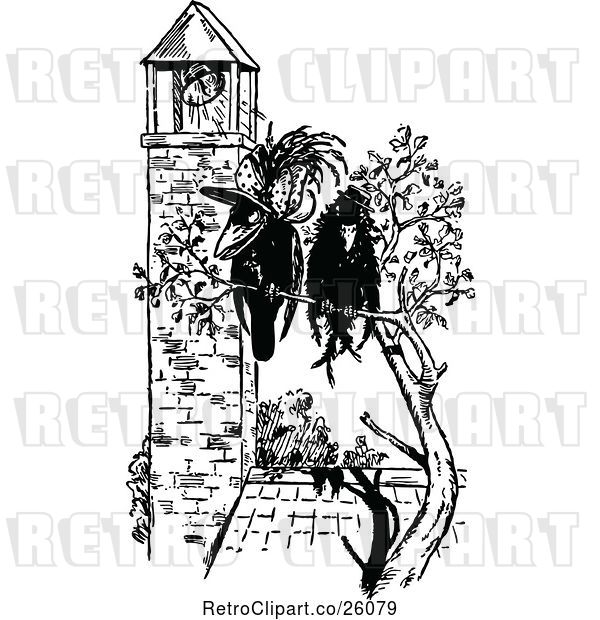 Vector Clip Art of Retro Crow Couple by a Bell Tower