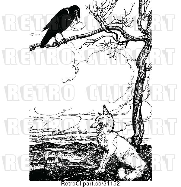 Vector Clip Art of Retro Crow in a Tree Above a Fox