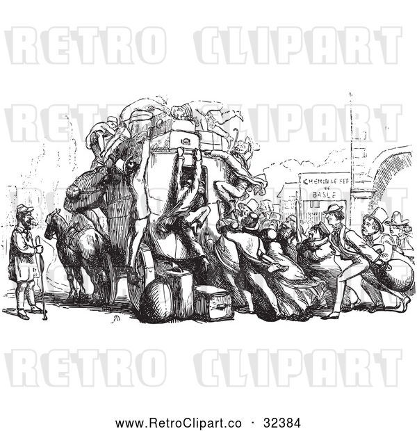 Vector Clip Art of Retro Crowd Attacking an Omnibus in Black and White
