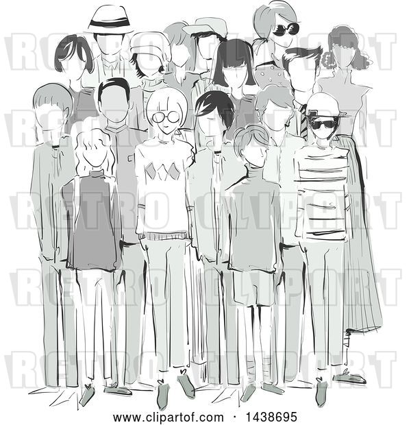 Vector Clip Art of Retro Crowd of Sketched People in Clothes