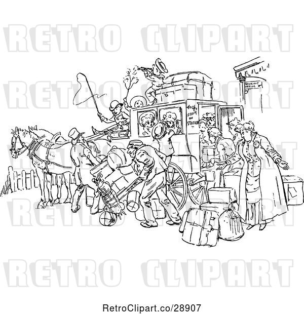 Vector Clip Art of Retro Crowded Horse Drawn Stagecoach