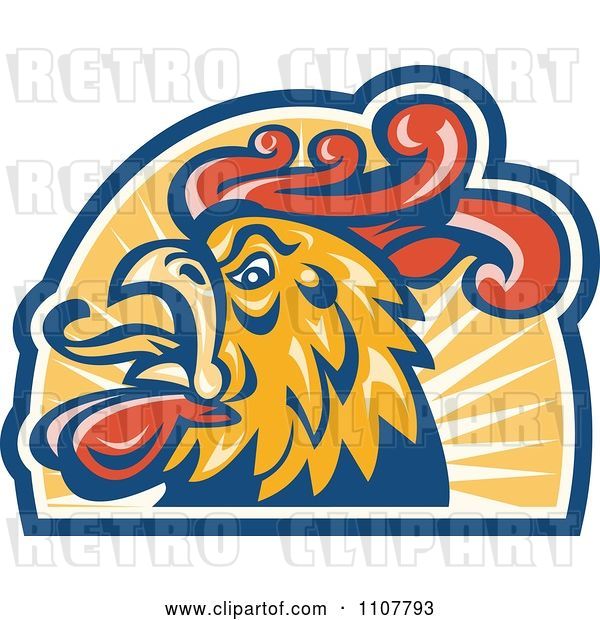 Vector Clip Art of Retro Crowing Rooster Head in an Arch of Sunshine