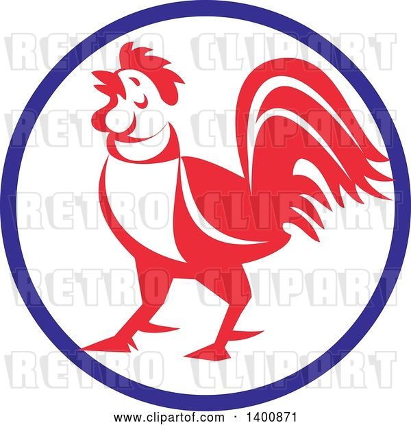 Vector Clip Art of Retro Crowing Rooster in a Blue White and Red Circle