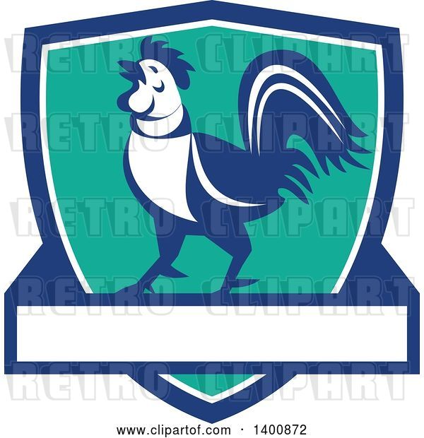 Vector Clip Art of Retro Crowing Rooster in a Blue White and Turquoise Shield