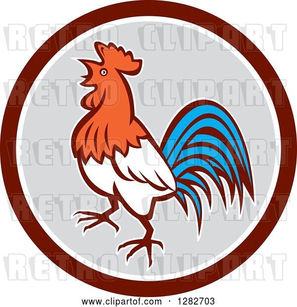 Vector Clip Art of Retro Crowing Rooster in a Brown White and Gray Circle