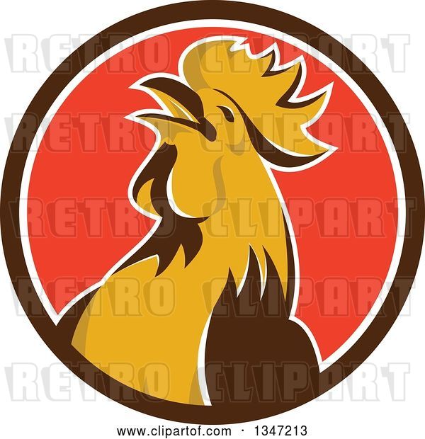 Vector Clip Art of Retro Crowing Rooster in a Brown White and Red Circle