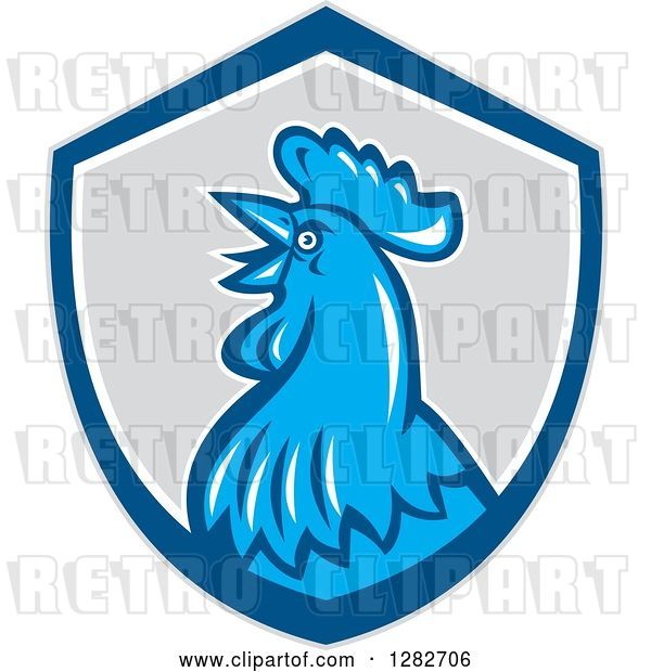 Vector Clip Art of Retro Crowing Rooster in a Gray Blue and White Shield