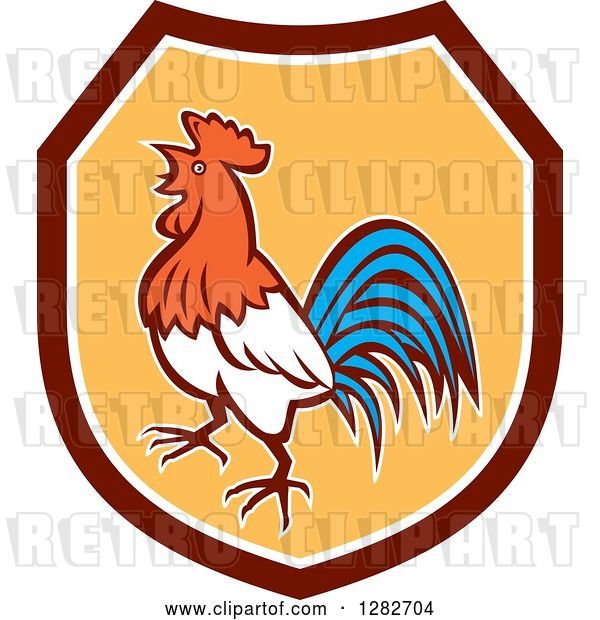 Vector Clip Art of Retro Crowing Rooster in a Maroon White and Yellow Shield
