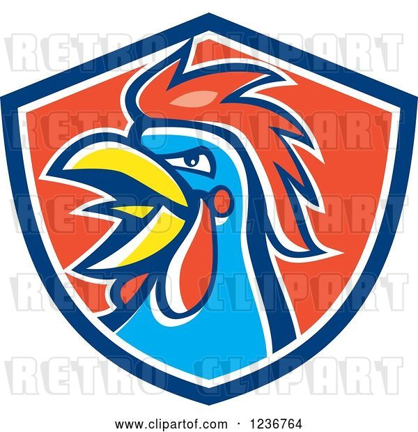 Vector Clip Art of Retro Crowing Rooster in a Red and Blue Shield