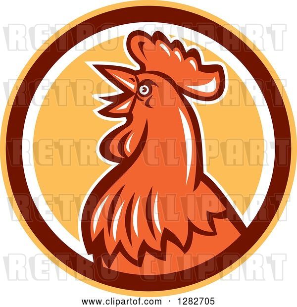 Vector Clip Art of Retro Crowing Rooster in a Yellow Brown and White Circle