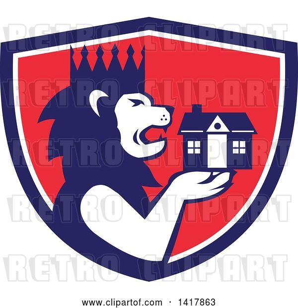 Vector Clip Art of Retro Crowned King Lion Holding a House in a Blue White and Red Crest