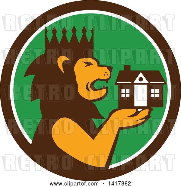 Vector Clip Art of Retro Crowned King Lion Holding a House in a Brown White and Green Circle