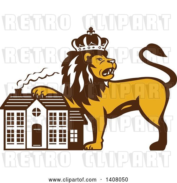 Vector Clip Art of Retro Crowned King Lion Resting a Paw on a House