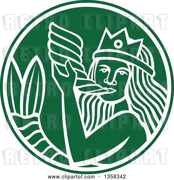 Vector Clip Art of Retro Crowned Mermaid Blowing a Shell Horn in a Green and White Circle