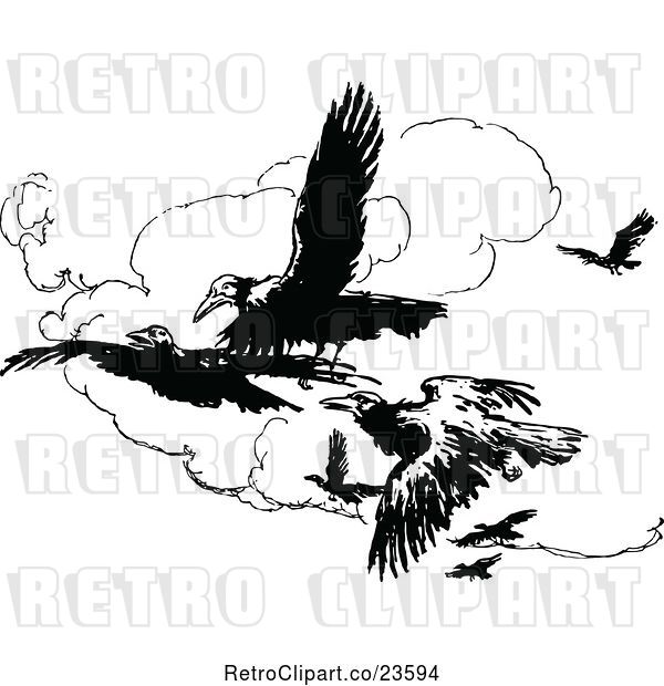 Vector Clip Art of Retro Crows Flying