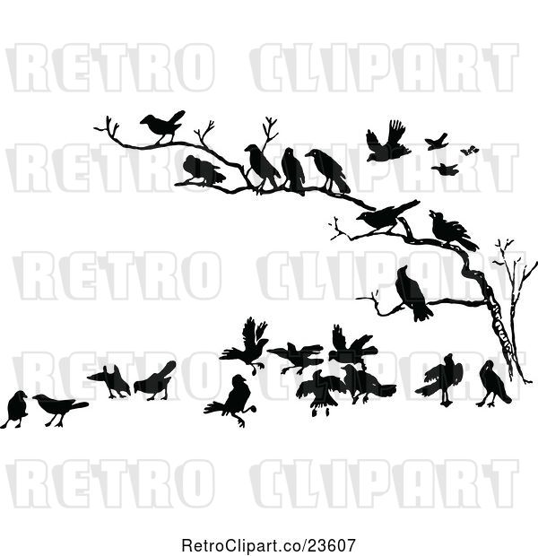 Vector Clip Art of Retro Crows in a Bare Tree