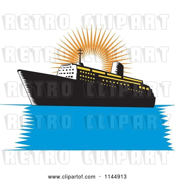 Vector Clip Art of Retro Cruise Ship and Orange Sun