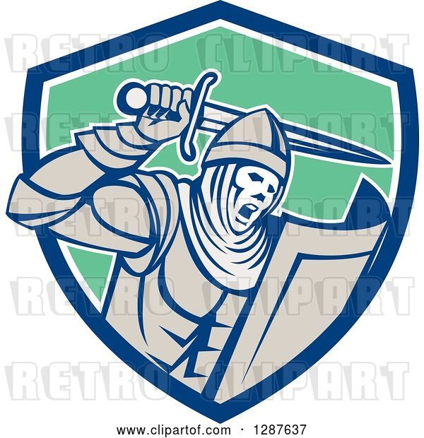 Vector Clip Art of Retro Crusader Knight Wielding a Sword in a Blue White and Green Shield
