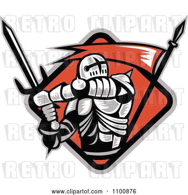 Vector Clip Art of Retro Crusader Knight with a Sword and Red Flag in a Diamond