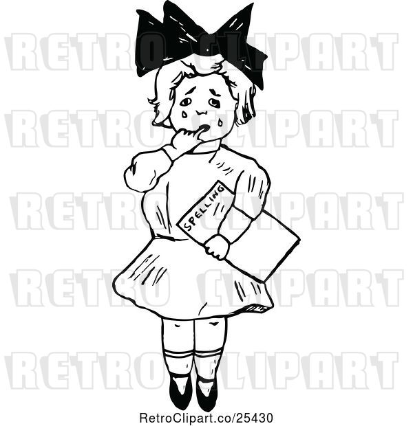 Vector Clip Art of Retro Crying Girl Holding a Spelling Paper